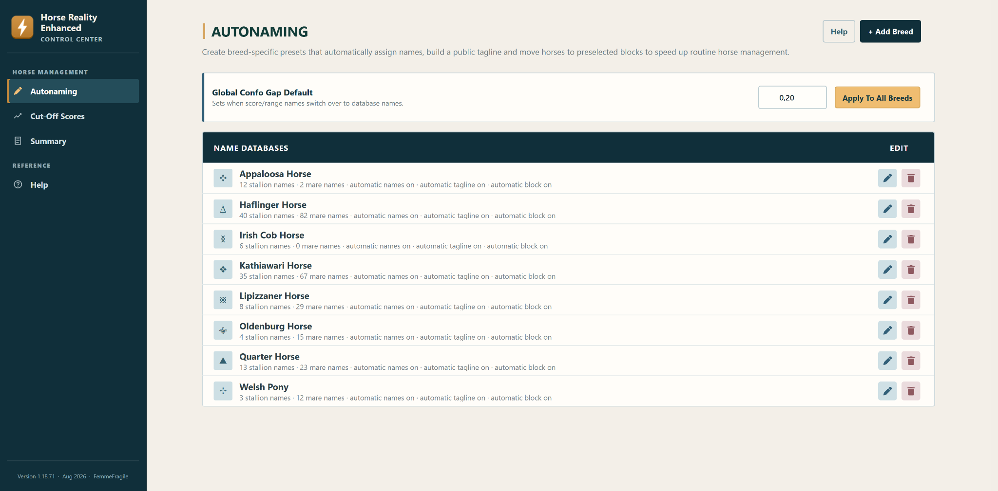 HRE Control Center showing the Autonaming module, a conformation gap setting and naming databases for several breeds.